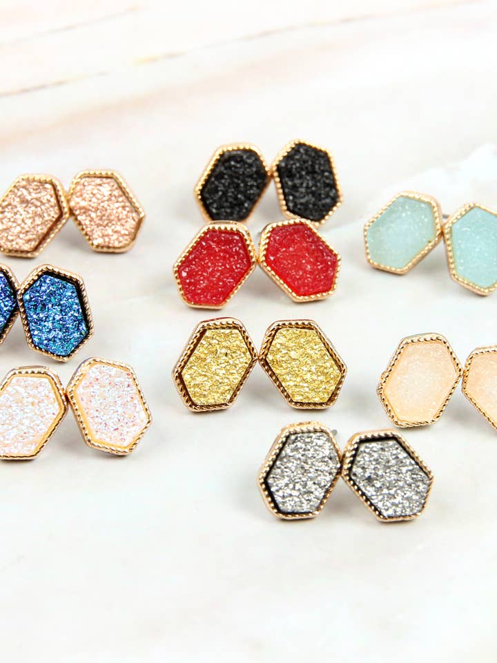 Women's Captivating Druzy Hexagon Post Earrings for wholesale by MYS Wholesale Inc