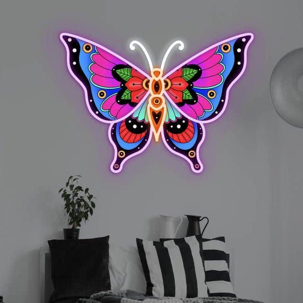 Panneau au néon LED Butterfly 2.0 x illustration colorée aux UV pour la vente par BeNeonUnicorn