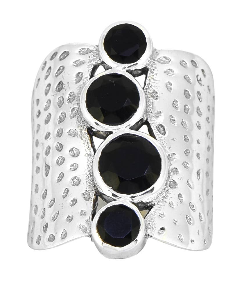 Tiramisu - Wholesale Cocktail/Statement Ring - Black Onyx 925 Sterling Silver Hammered Statement Ring6