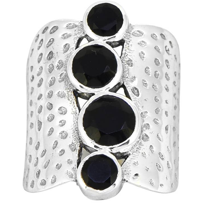 Tiramisu - Wholesale Cocktail/Statement Ring - Black Onyx 925 Sterling Silver Hammered Statement Ring6