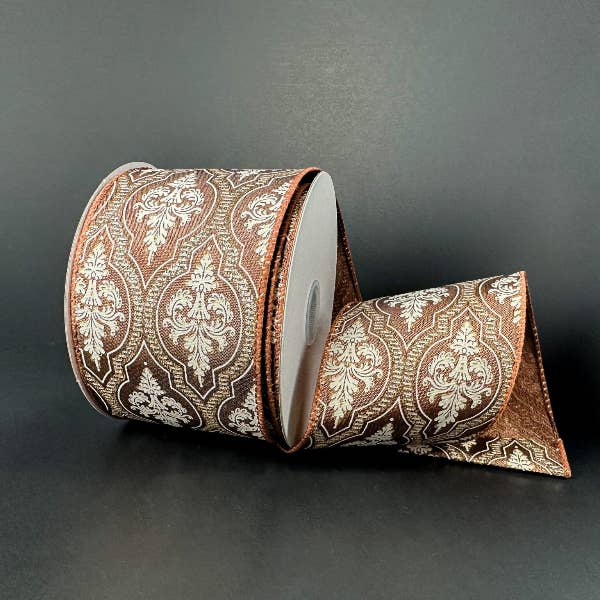 Trendy tree – wholesale Ribbon – Gift wrapping – 2.5"X10Y Brown Satin/Demask Quatrefoil Ribbon 73556-40-38