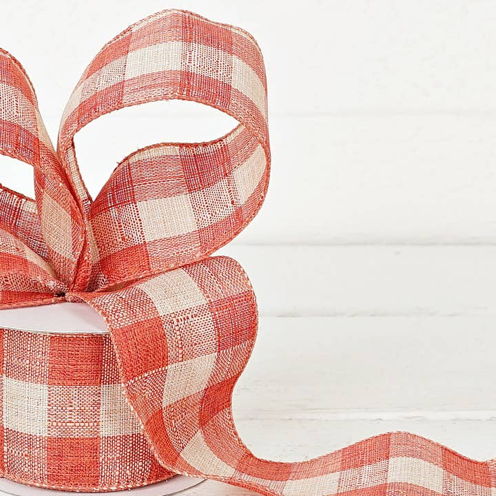 Holiday Depot Inc. - Wholesale Ribbon - Gift Wrapping - R32910-Wired Ribbon-Fabric-Orange/Cream Gingham (2.5inW)1