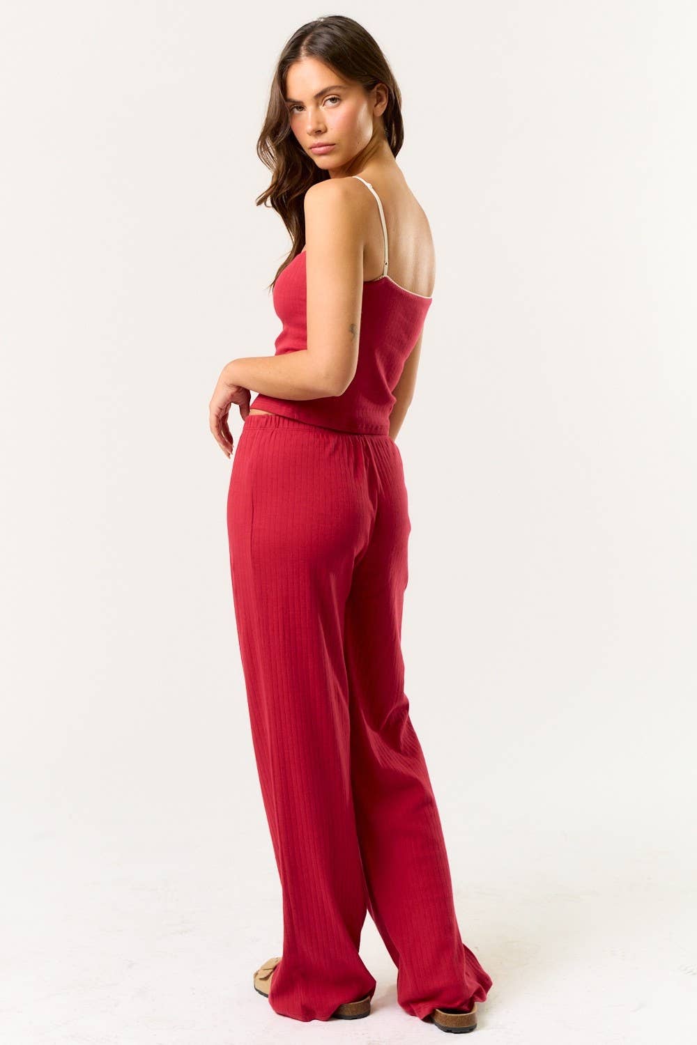 Blue Blush - Wholesale Lounge Set - Women's - BS25584 Contrast Pointelle Cami Top and Wide Leg Pants Set6