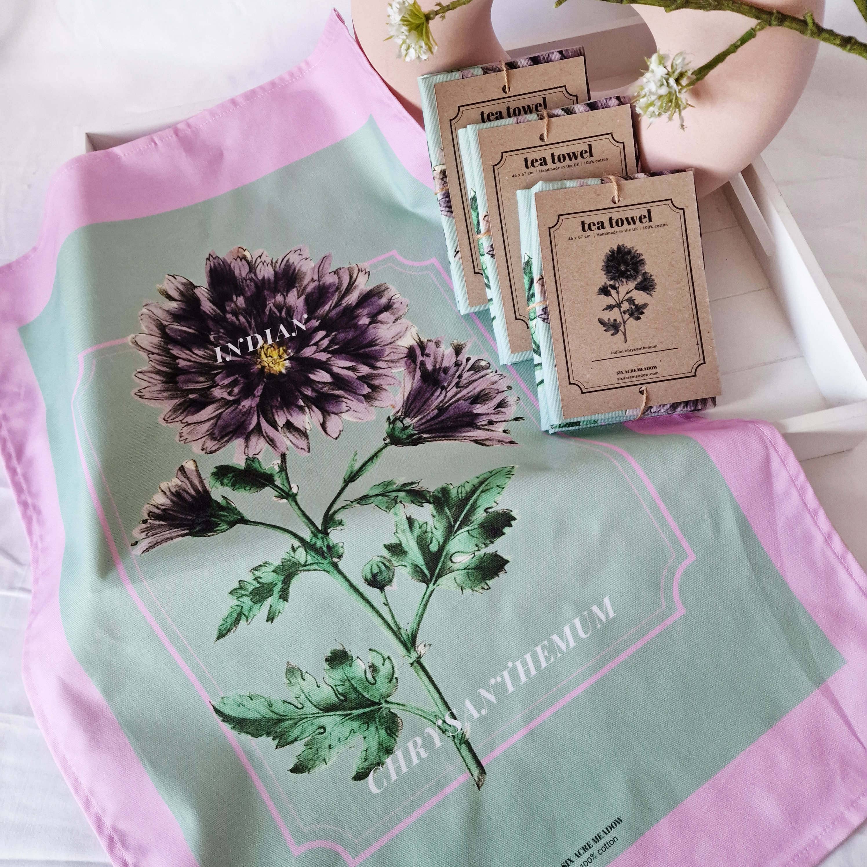 Six Acre Meadow – wholesale Tea towel – Organic Cotton Indian Chrysanthemum Print Tea Towel7