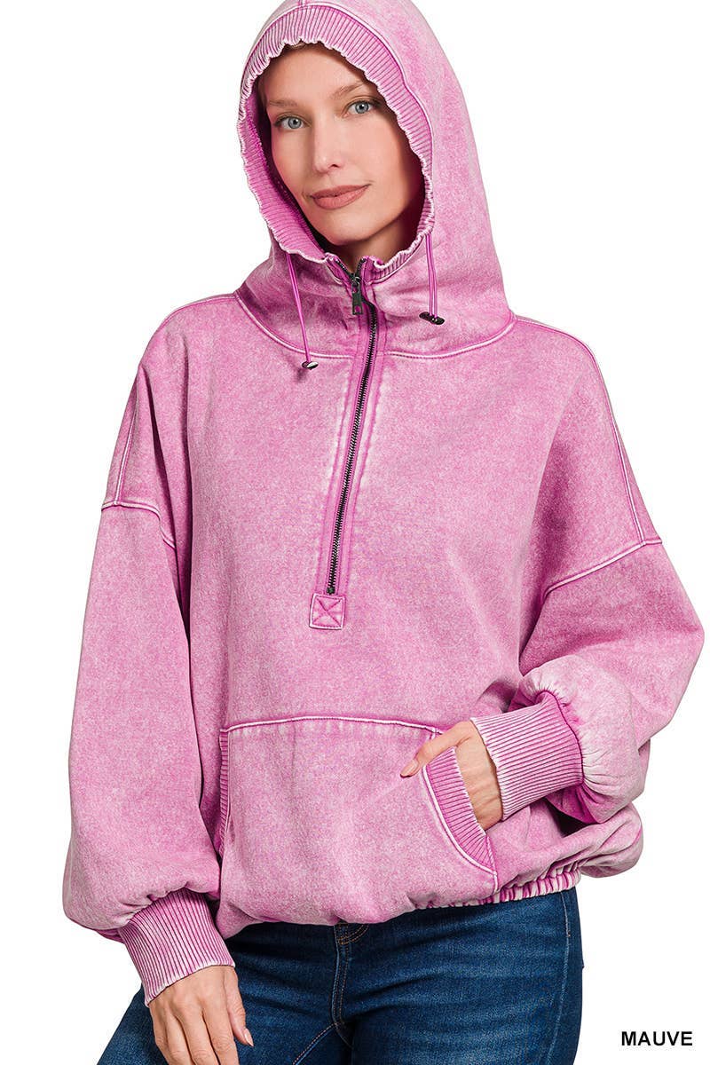 Vanilla Monkey - Wholesale Hoodie - Women's - Washed Drawstring Hem Half Zip Kangaroo Hoodie7
