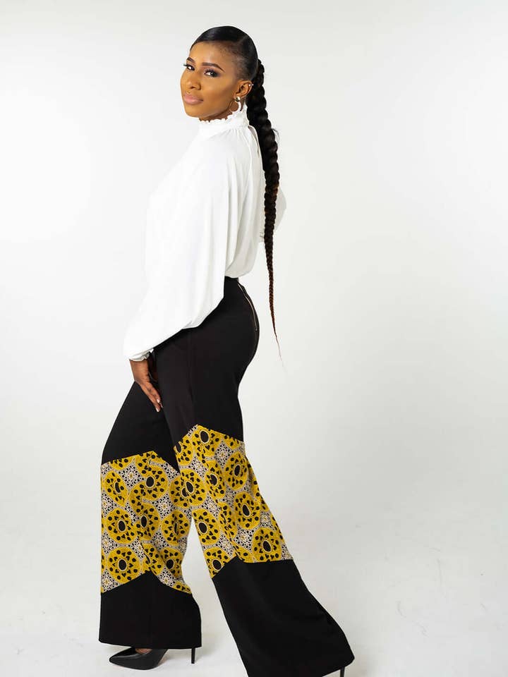 Zari High Waisted Wide Leg Pants (Black & Yellow) for wholesale by Yeli Bana