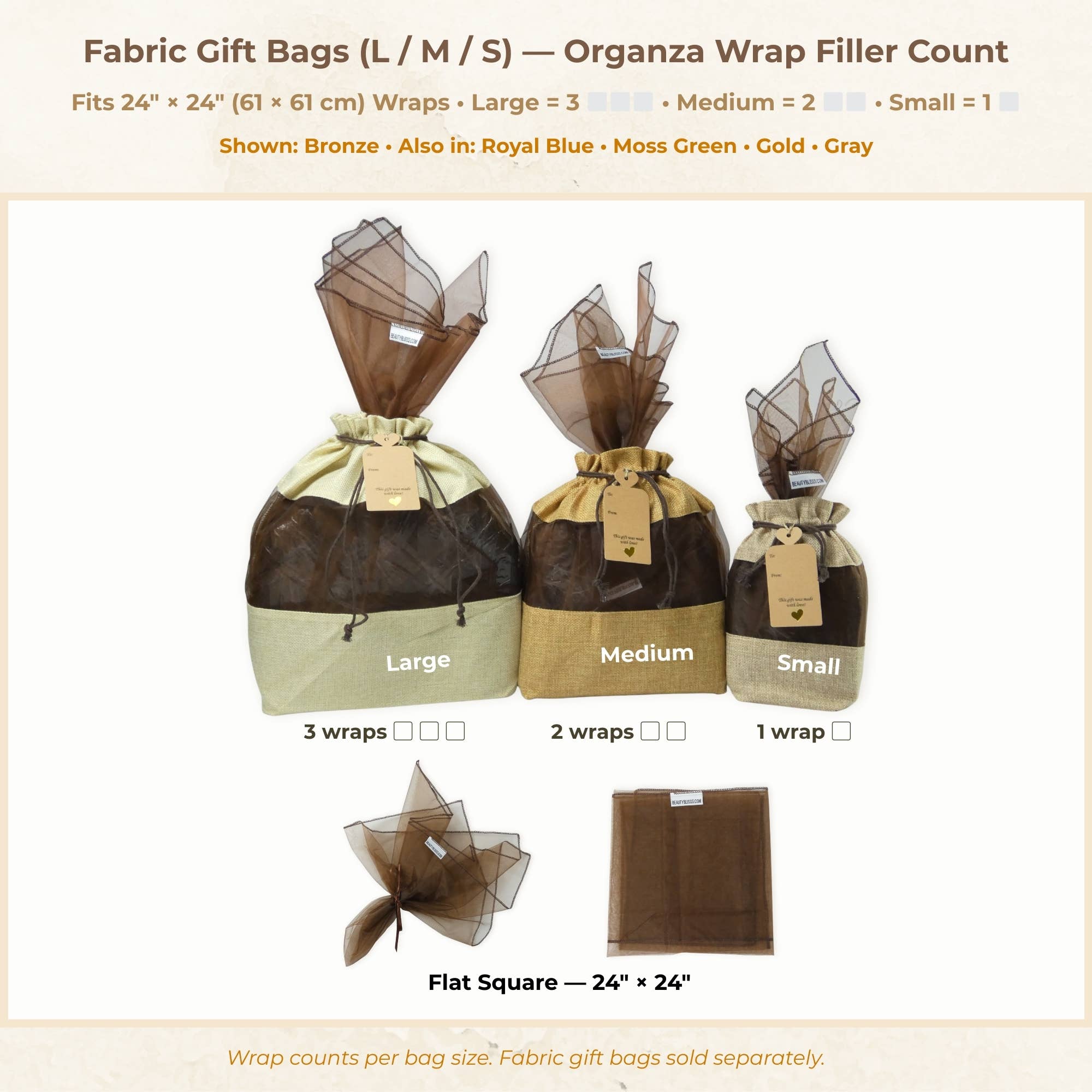 Beauty Blisss - Wholesale Gift Bag Set/Pack - Organza Gift Wrap Fillers – 24" Squares, 5pc & 6pc Sets7