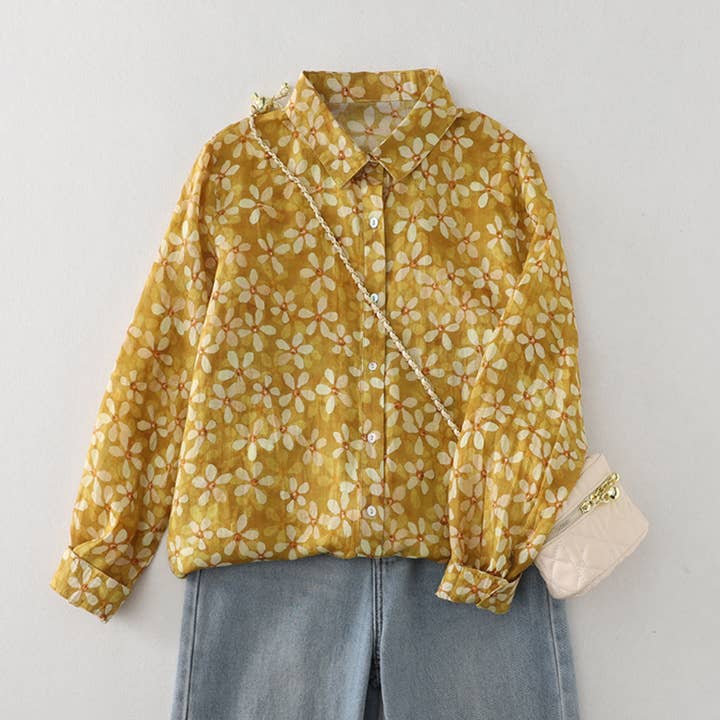 Whisper Mint - Vente Chemise à col boutonné – femme - Chemisier en coton imprimé floral jaune polyvalent | Lot de 40