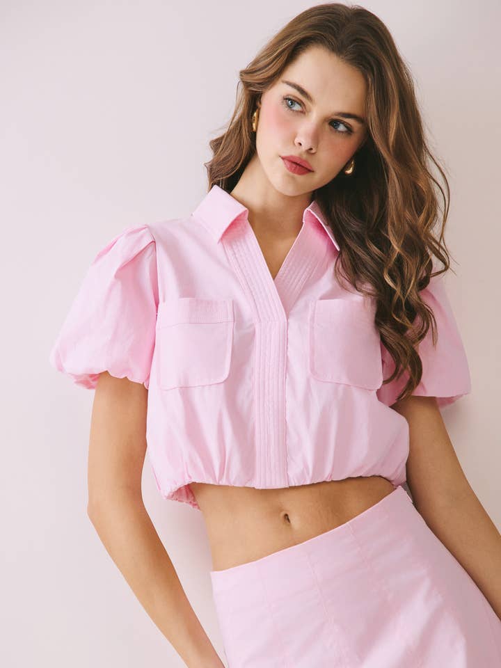 CT9355-Haut à manches bouffantes avec surpiqûres contrastées pour la vente par TCEC