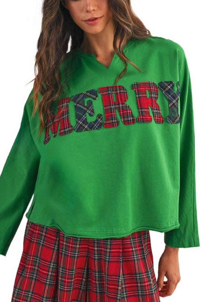 Vanilla Monkey - Wholesale Sweatshirt - Women's - Christmas Lettering Patch Mineral Washed Top0