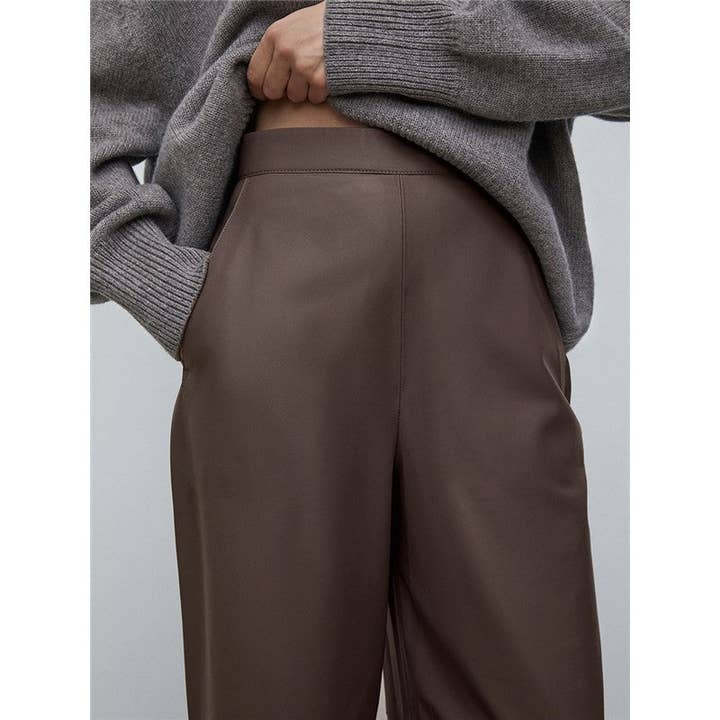 Brown High Waisted Solid Color Straight Leg Faux Leather Pants for wholesale on Faire7