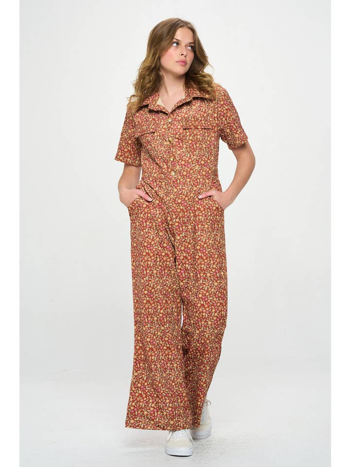 SM WARDROBE - Wholesale Jumpsuit - Women's - FALL LEAVES PRINT CORDUROY JUMPSUIT OVERALL1
