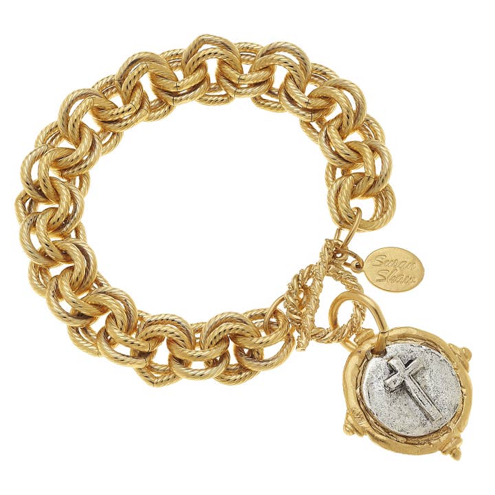 Susan Shaw - Wholesale Charm/Dangle Bracelet - Gold and Silver Italian Intaglio Cross Bracelet