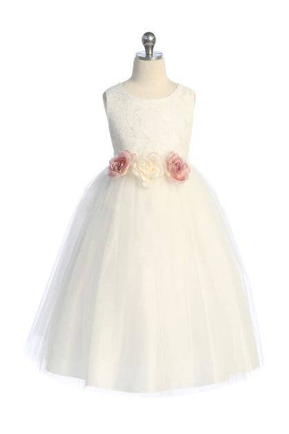 Kid's Dream - Wholesale Dress - Kids - Long Lace Illusion Girls Dress with 3 Faux Flowers2