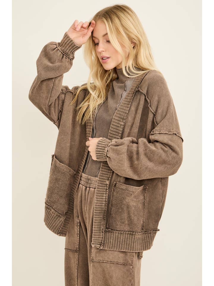 J.Her - Wholesale Cardigan - Women's - Mineral Washed Ribbed detail Midi Open Cardigan HT665810