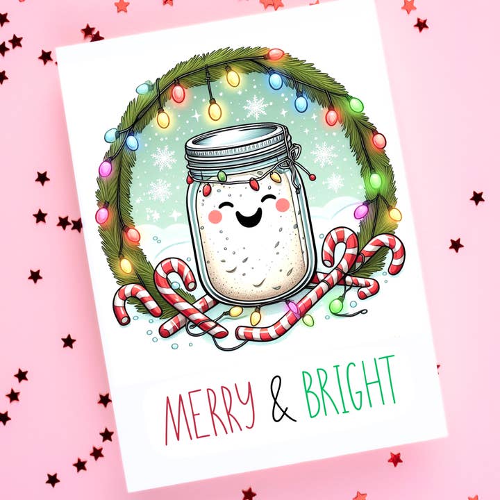 Bread Pun Greeting Card by Summit Sourdough - Merry and Bright Sourdough Starter Christmas Card | Blank Inside for wholesale by Summit Sourdough