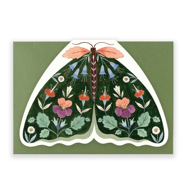 Carte en forme de papillon floral - Vert forêt pour la vente par Flora Waycott