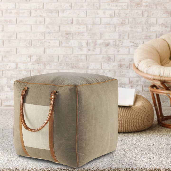 Multi Pouf carré bordé en coton et cuir fait main - Accent 20" en vente sur Faire5