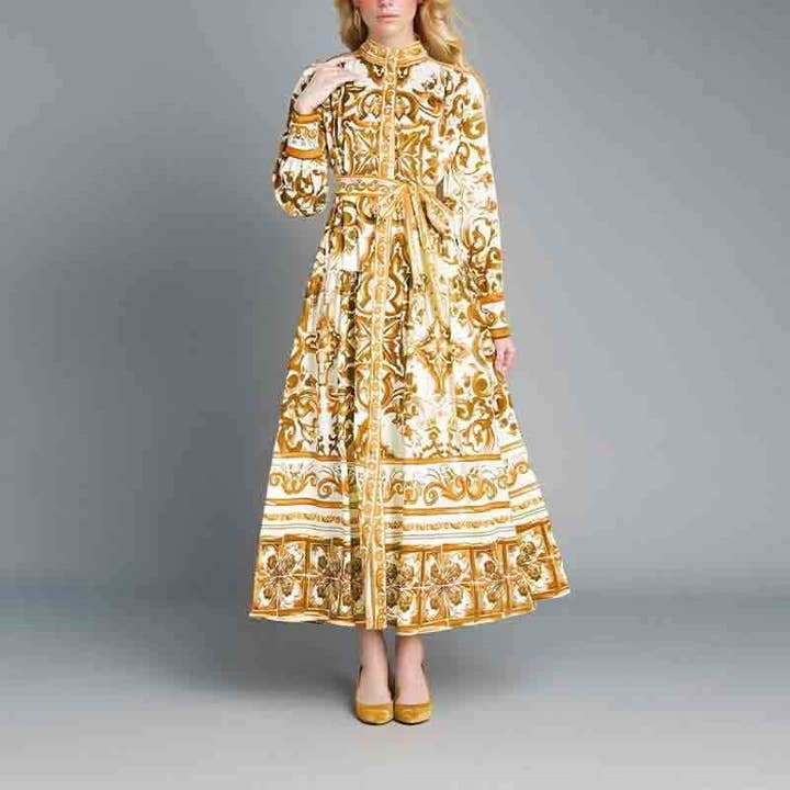 Plush Looks - Wholesale Dress - Women's - Lantern Sleeve Printed Cinched Waist Long Sleeve Dress4
