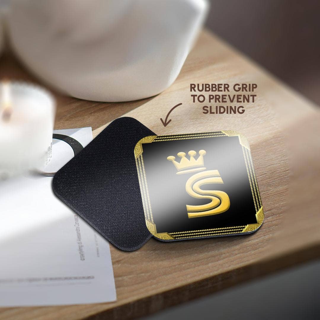 3dRose - Wholesale Coasters - 3dRose, King, queen crown, rich frame. Yellow on black. Stunning letter S, Coaster10