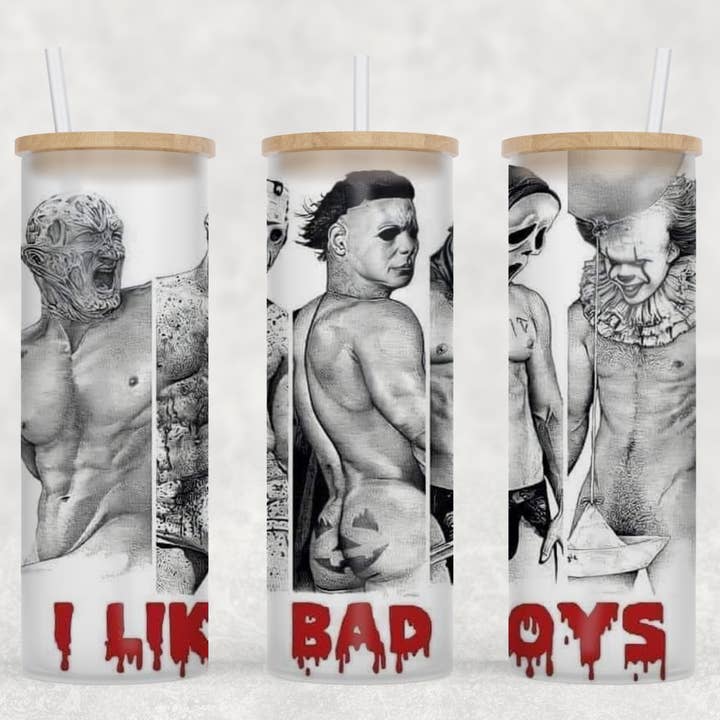 I Like Bad Boys Funny Shirtless Horror Characters Halloween Tumbler Koozie for wholesale by BreakOut Outfitters