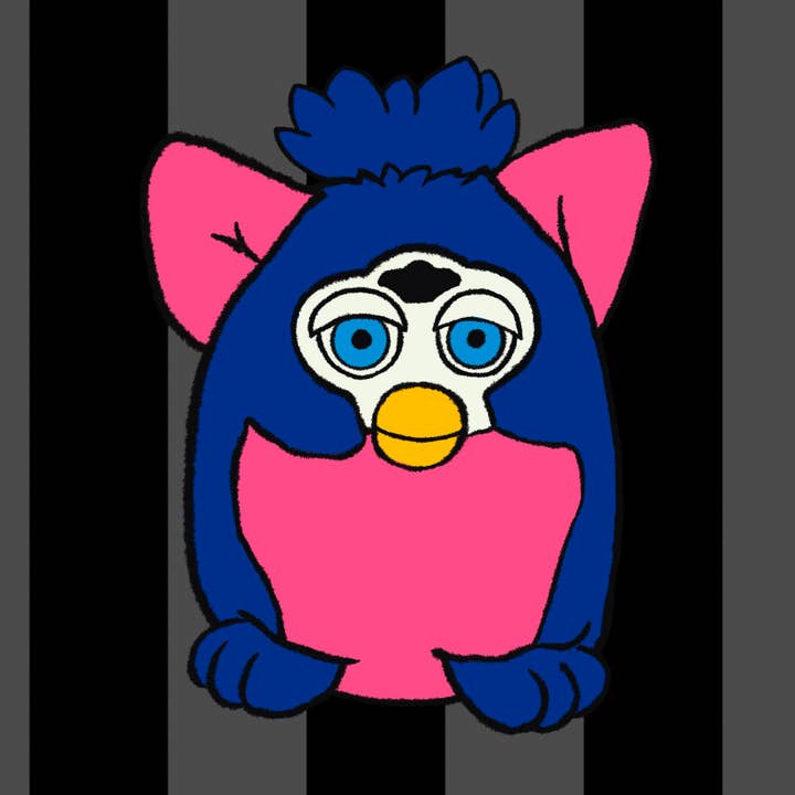 Minipegatina Furby Art para juguetes vintage de los años 90, color morado neón para venta al por mayor de Fiat Lux Illustration