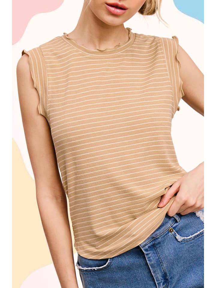 La Miel - Wholesale Tank Top - Women's - HCT7692-Stretchy Brushed Ruffle Sleeve Stripe Tank Top