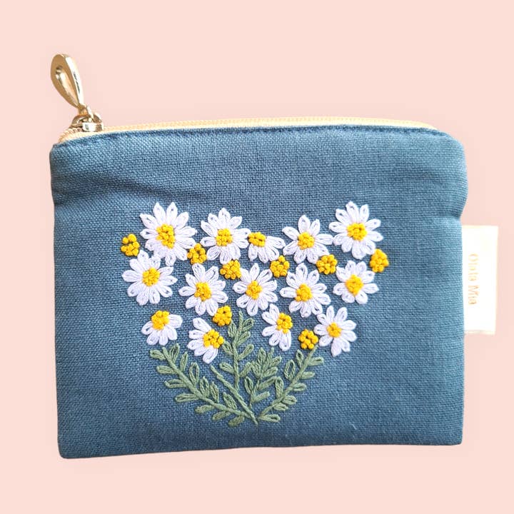 Daisy Flower hand-embroidered coin purse for wholesale by Olala Mia
