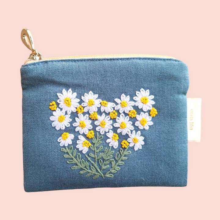 Daisy Flower hand-embroidered coin purse for wholesale by Olala Mia