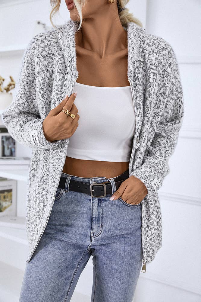 UNISHE - Vendita all'ingrosso Cardigan - Donna - Cardigan lavorato a maglia con cerniera e cappuccio con coulisse MMY12011