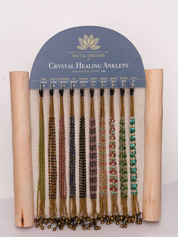 Crystal Healing Anklets on Display Stand for wholesale by Jambo Jewellery