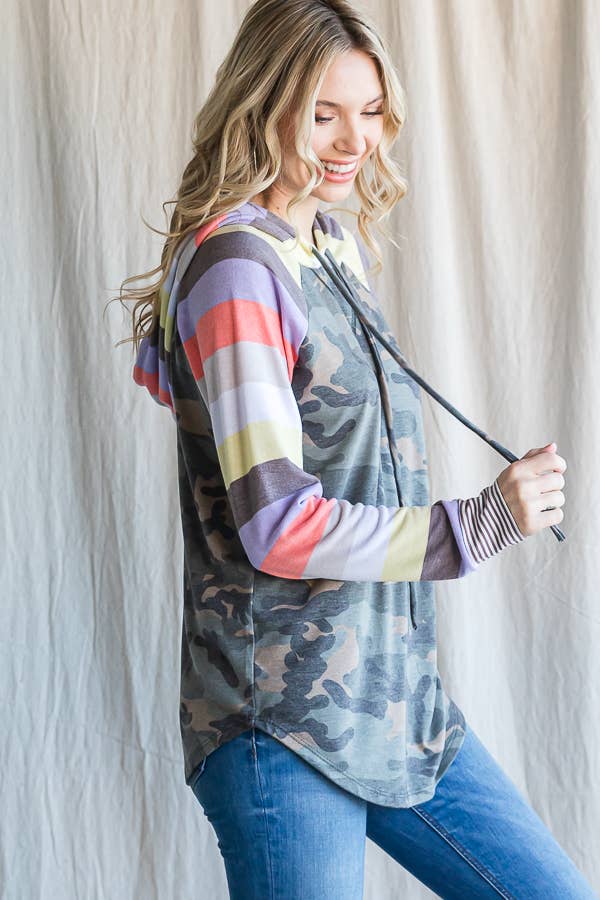 7th Ray - Wholesale Hoodie - Women's - Camo Print Stripe Raglan Sleeve Drawstring Hoodie T454912
