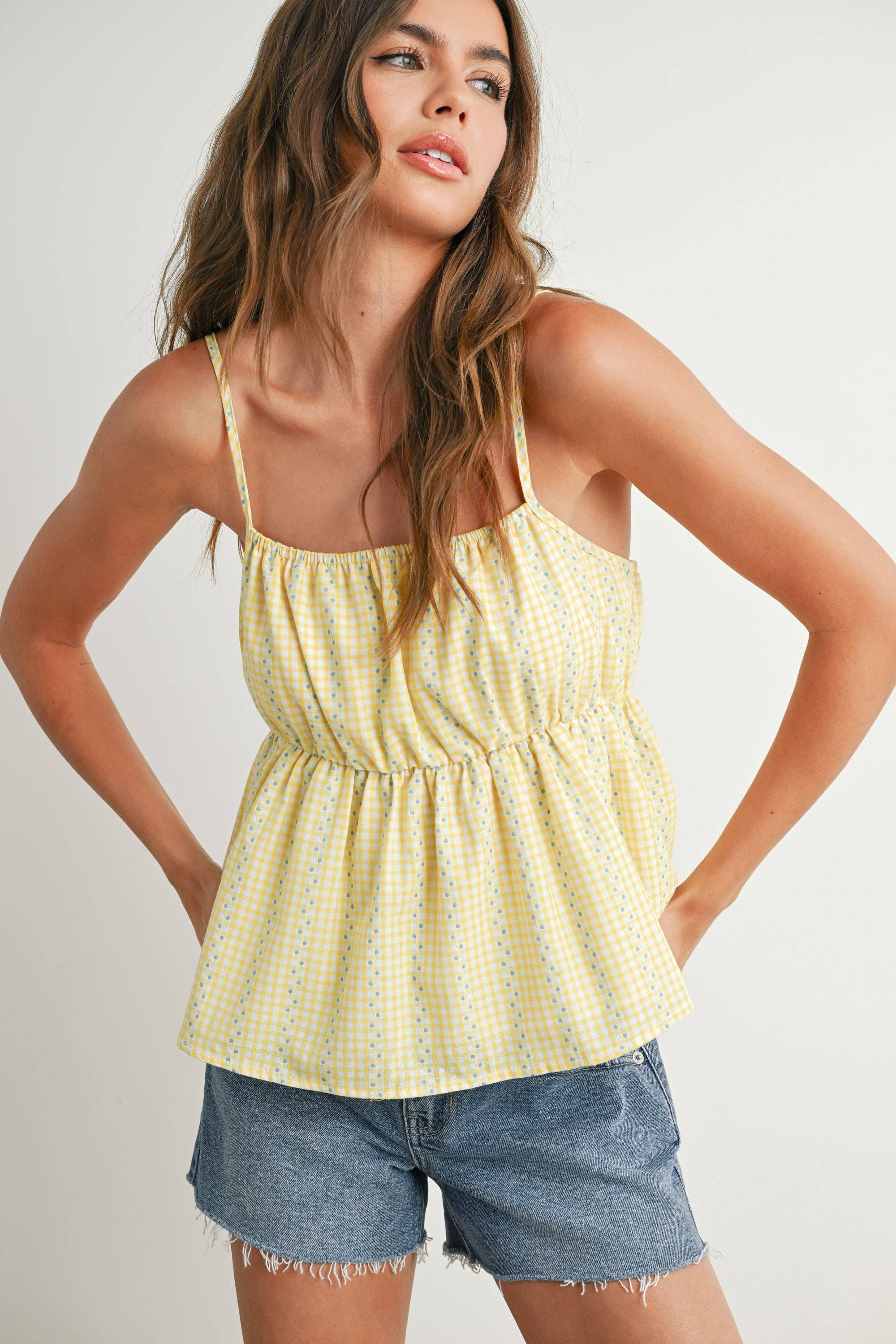 BUTTERMELON - Wholesale Blouse - Women's - Gingham Peplum Top - BMT76268