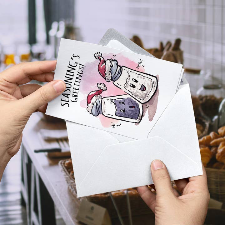 Aaron Millard Illustration – Großhandel Weihnachtskarte – „Seasoning's Greetings“ — Niedliche Weihnachtskarte für Koch, Feinschmecker1