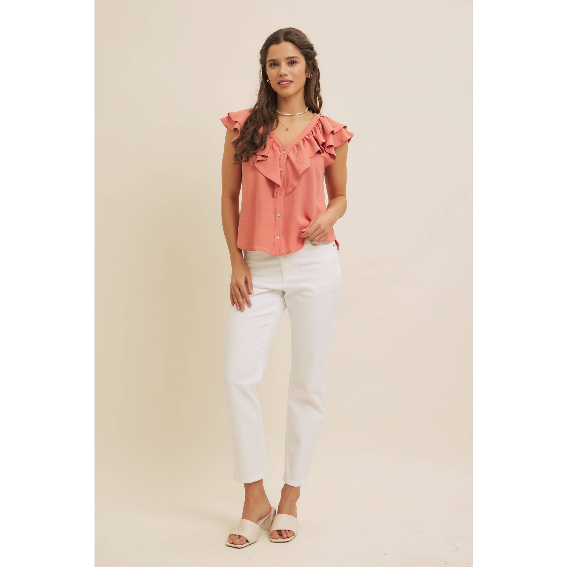 in february - Wholesale Blouse - Women's - RUFFLE BLOUSE TOP WITH BUTTON-DOWN FRONT AND CONTRAST STITCH5