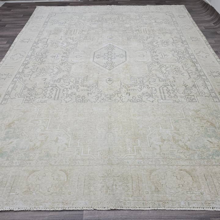 Oversized Neutral Oushak Rug: Vintage Turkish Wool Carpet (9.30x12.50 feet) for wholesale by MesopotamiaRugs