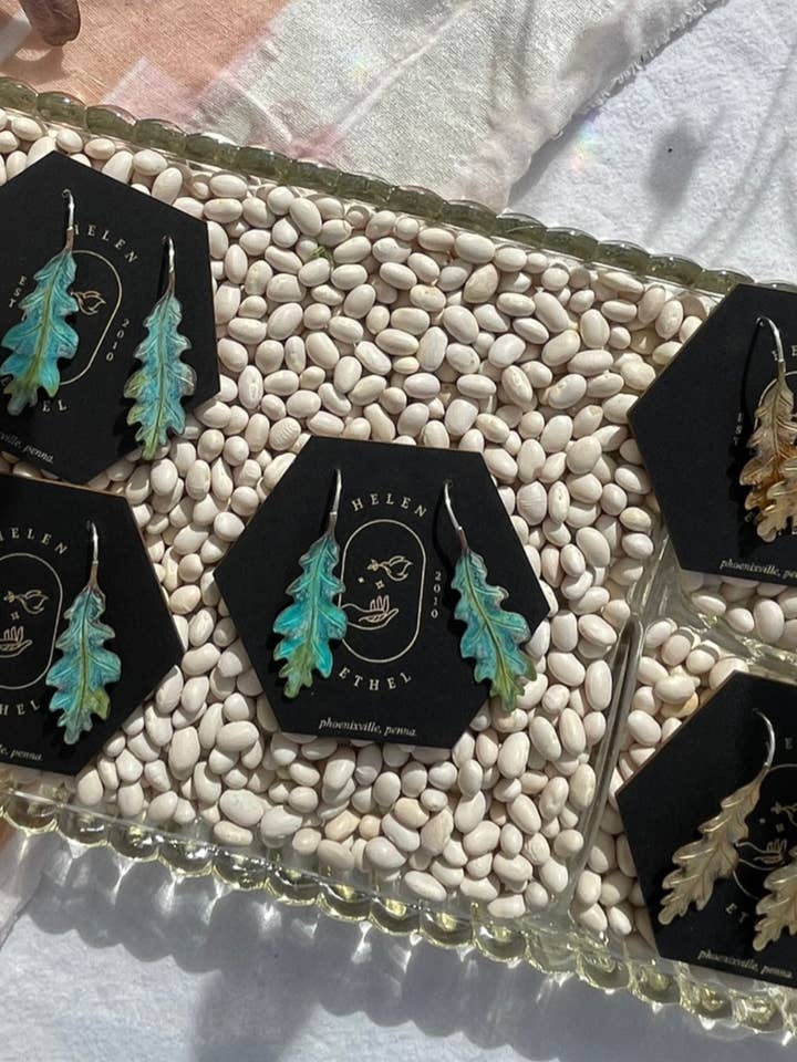 Verdigris Little Oak Leaf Earrings for wholesale by Helen Ethel Jewelry