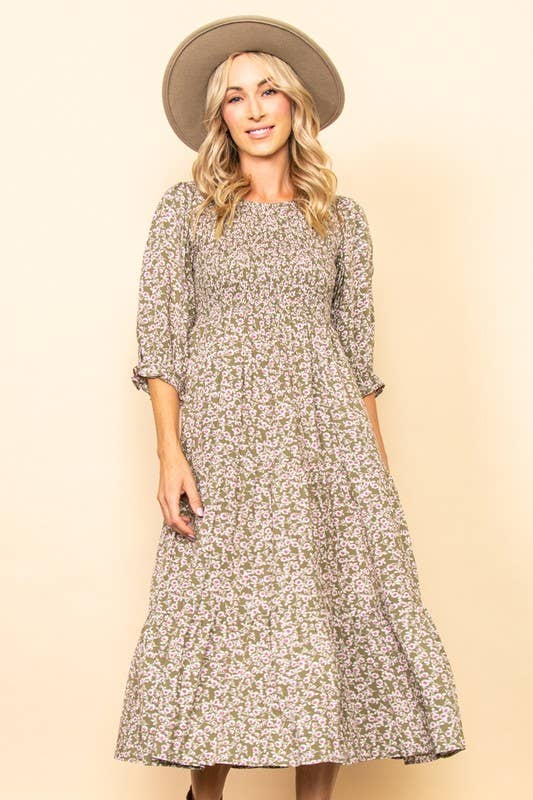 Elloh Collection - Vendita all'ingrosso Vestito - Donna - Abito midi vintage a fiori con smock a balze e tasche10