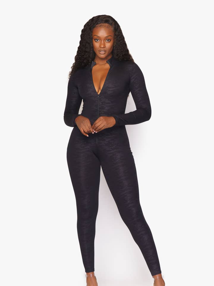 Black Embossed Leopard Catsuit for wholesale by Playsuit Apparel