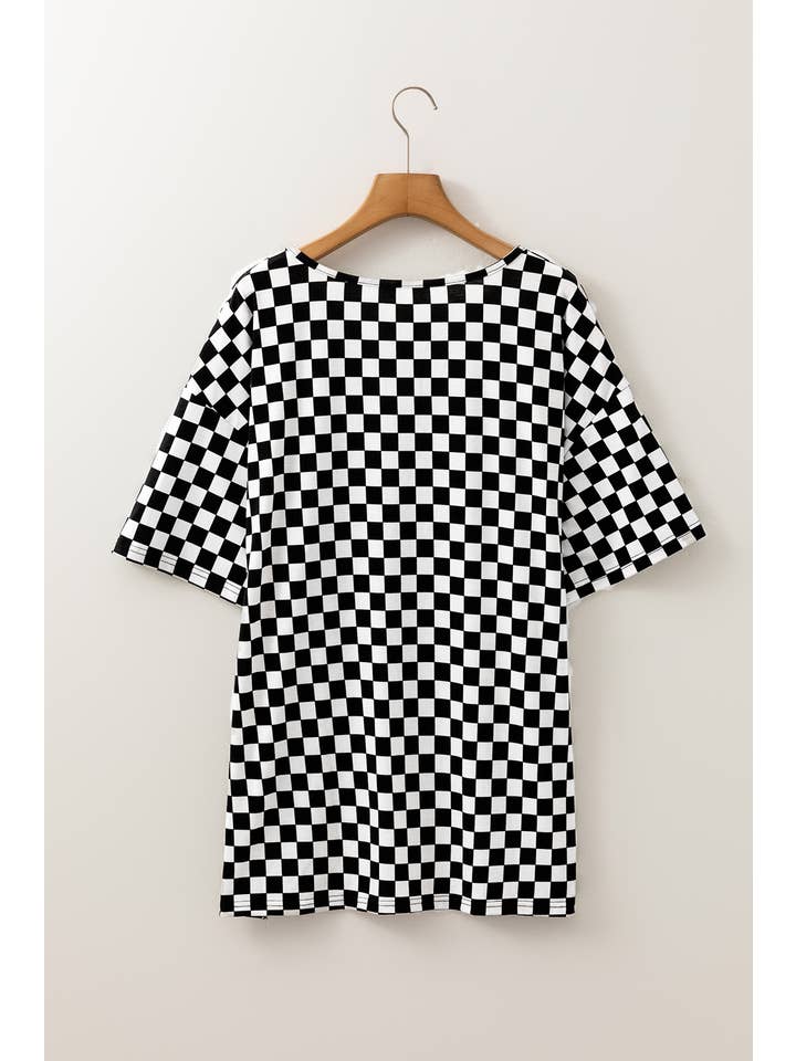 Black Plus Size Checkered Print Side Slits Round Neck T Shirt for wholesale on Faire