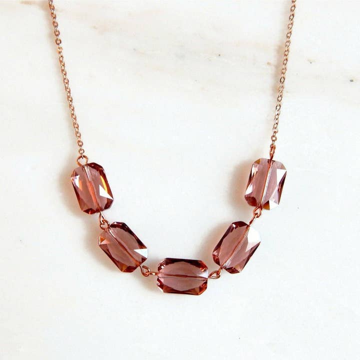 Blush pink Emerald Cut Crystal necklace for wholesale by Love Your Bling®
