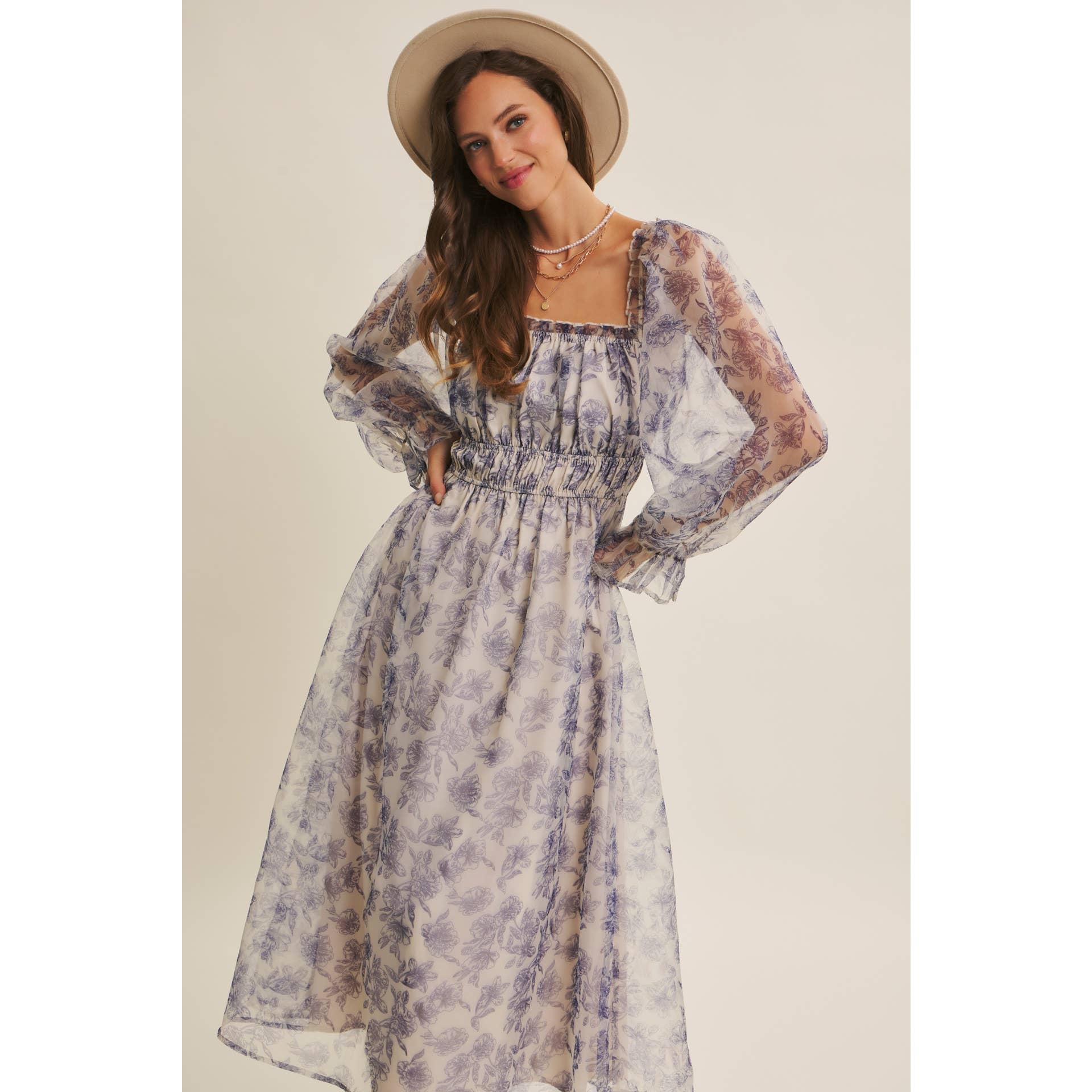 in february - Wholesale Jurk - Dames - ETHERISCHE ELEGANTIE BLOEMIGE ORGANZA MIDI-JURK MET ELASTISCHE TAILLE2