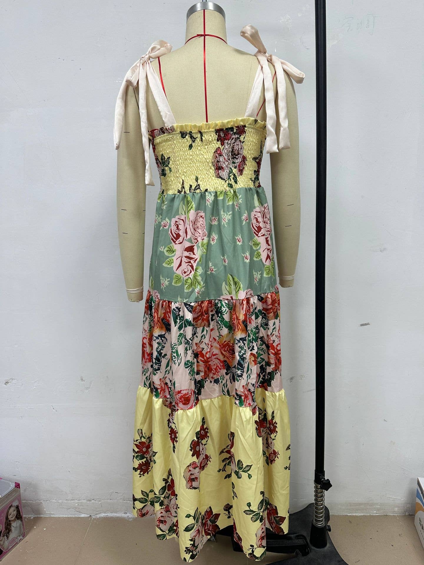 Rosa Clothing - Wholesale Dress - Women's - Gingham Floral patchwork playful bow strap tiered maxi dress6