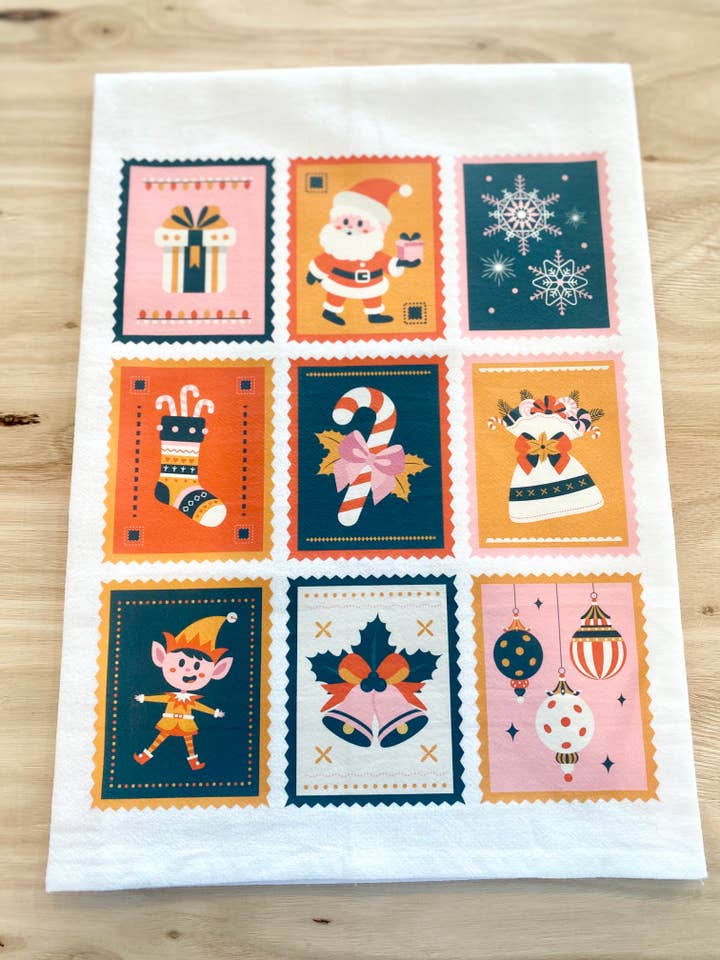 Torchon Holiday Stamps Flour Sack pour la vente par Lenny Lane