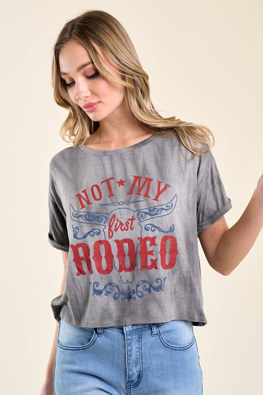 Saints & Hearts - Wholesale Screen Printed T-Shirt - Women's - ST3638K CHARCOAL NOT MY FIRST RODEO GRAPHIC TEE2