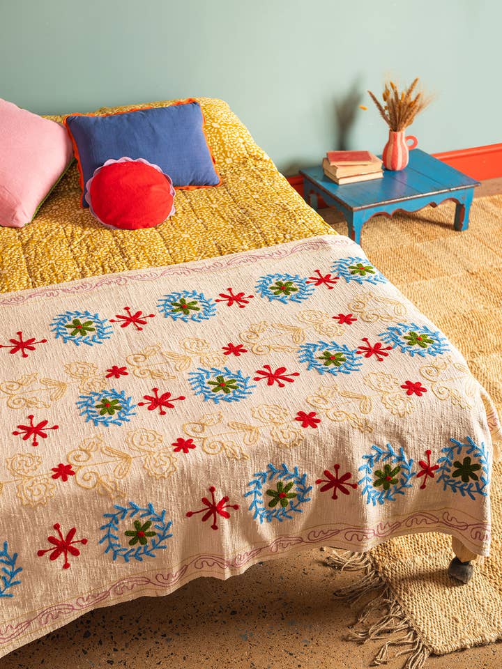Red Flower Embroidered Throw for wholesale by Ian Snow Ltd