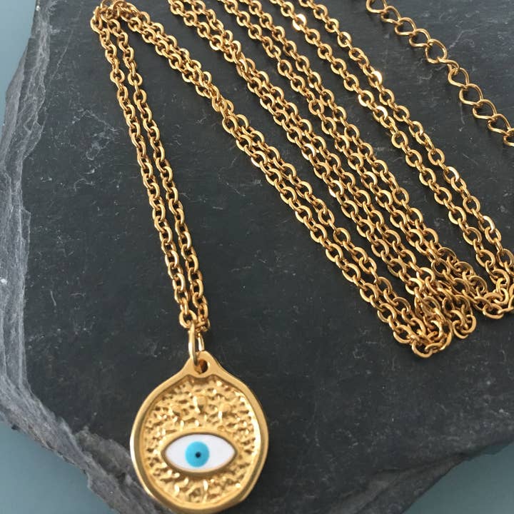 Clovers – Großhandel Kette mit Anhänger/Charm – Türkis Griechisches Auge Damen Halskette aus goldfarbenem Zamak, Halskette1