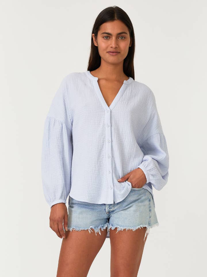 High-Low Long Sleeve Button Down Blouse for wholesale by Lovestitch