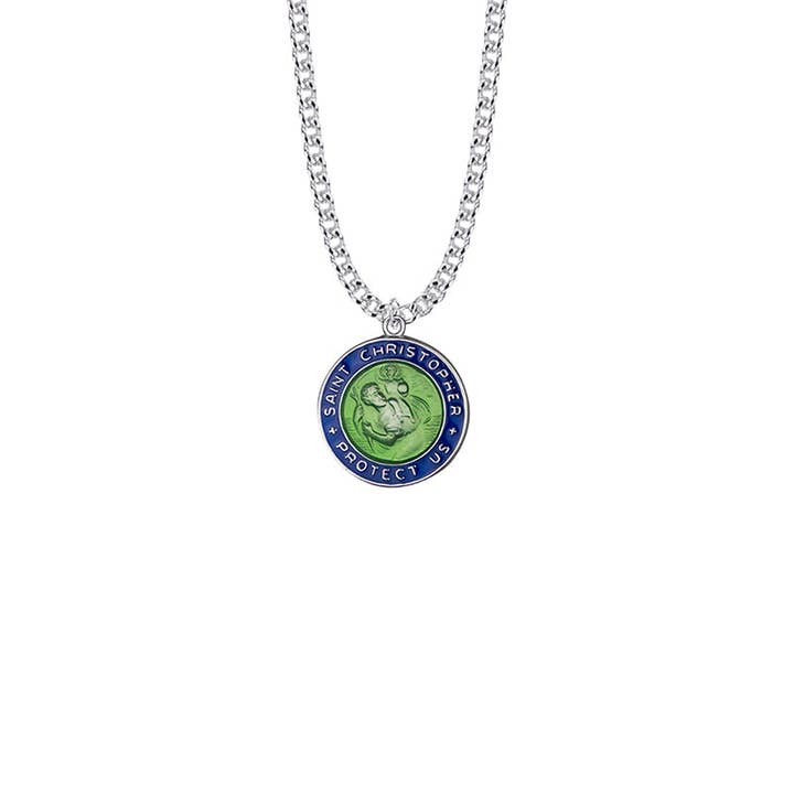 NYMAN JEWELERS - Wholesale Pendant/Charm Necklace - 7/8 Inch Sterling Silver Blue Enameled Round St. Christopher Medal, Patron Saint of Travelers