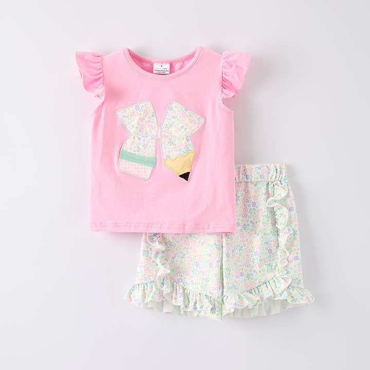 Girls Back To School Pink Bow Pencil Applique Short Set for wholesale by Auraquise